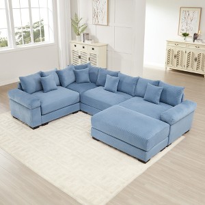 Oversized 116.9" Corduroy Cloud Modular U-Shaped Sectional Sofa with Thick Cushion and Movable Ottoman, 5-Piece Free combination Sofa - 1 of 4