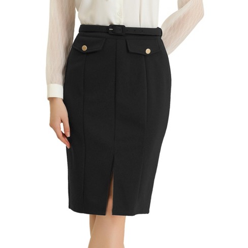 Allegra K Women's Pencil Skirt Belted Split Hem Knee Length Work ...