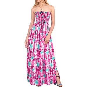 LA LEELA Women's House Daily Routine Evening Wear Boho A line Slit Maxi Dress Smocked Top Evening Long Tube Dresses for Women One Size Pink, Floral - 1 of 3