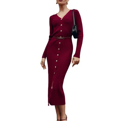 Coolmee Women's V-Neck Sweater Dress Button Down Long Sleeve Bodycon Elegant Knit Long Dresses