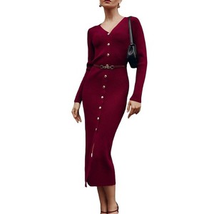 Coolmee Women's V-Neck Sweater Dress Button Down Long Sleeve Bodycon Elegant Knit Long Dresses - 1 of 4