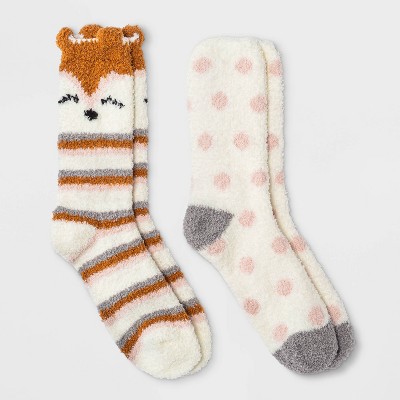 Women's Fox 2pk Cozy Crew Socks - Ivory/Orange 4-10