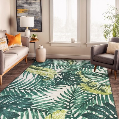 Large Green and White Synthetic Tropical Floral Area Rug
