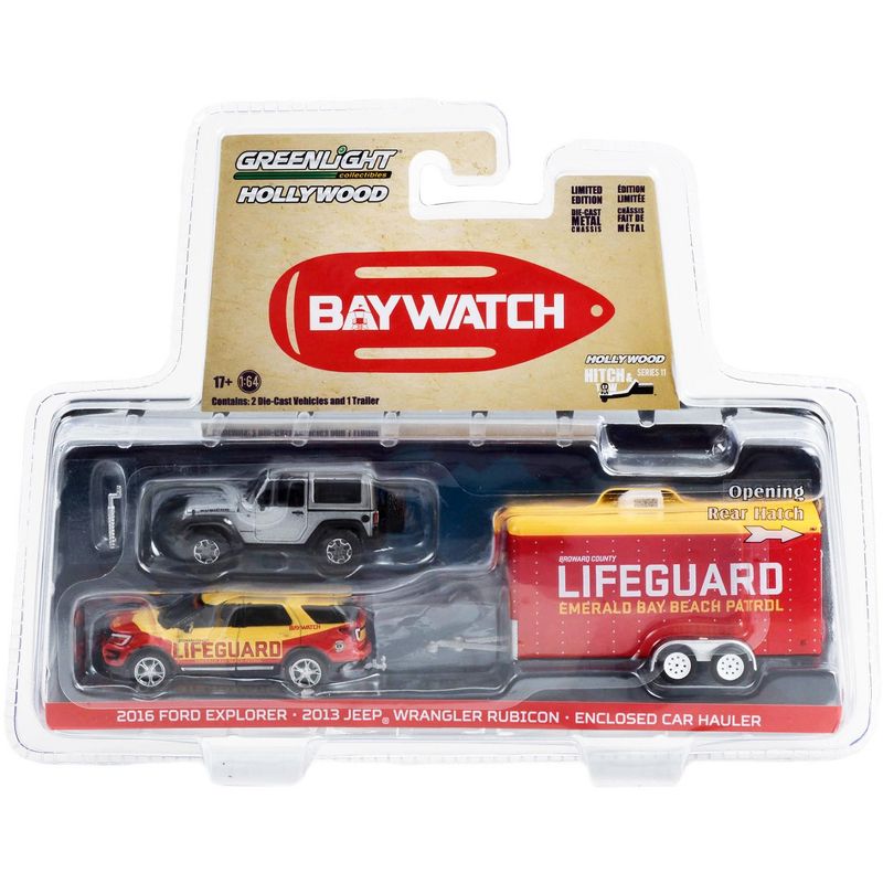 2016 Ford Explorer Yellow & Red w/2013 Jeep Wrangler Rubicon Gray & Hauler "Baywatch" 2017 1/64 Diecast Model Cars by Greenlight, 3 of 4