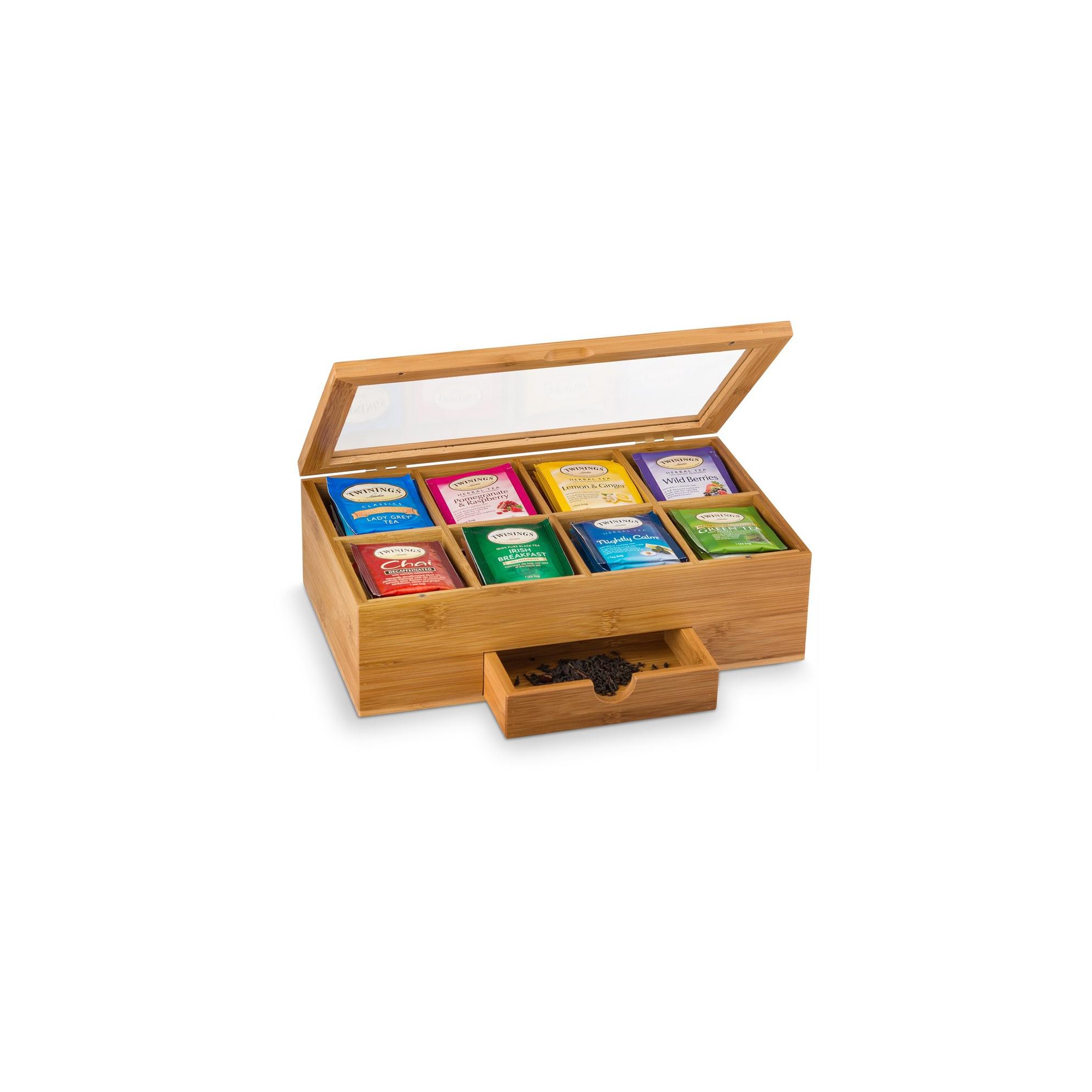Tea Bag Organizer Box with Clear Lid, 8-Compartment Bamboo Tea Storage Box