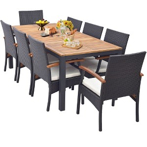 Costway 9 PCS Patio Rattan Dining Set with Acacia Wood Table, Cushions, 1.9" Umbrella Hole - 1 of 4