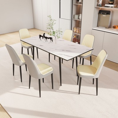 NicBex Kitchen Table Chairs Set Extendable Dining Room Table with MDF Tabletop and 6 Thick Cushion PU Chairs for Dining Room