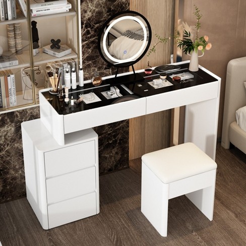 FUFU&GAGA Round Mirror Vanity Touch Screen Lighting White Attached Stool Glass Tabletop Jewellery Box - image 1 of 4