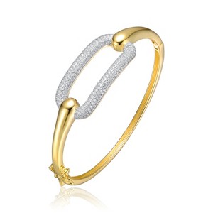 Guili Sterling Silver 14K Yellow Gold Plated French Pave Geometric Link Bangle Bracelet, Elegant Design with Sparkling Cubic Zirconia Stones - 1 of 2