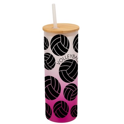 Elanze Designs Volleyball Ball Sports Wrap-Around Design 25 Ounce Frosted Gradient Glass On-The-Go Coffee Travel Skinny Tumbler Mug Cup, Bamboo Lid