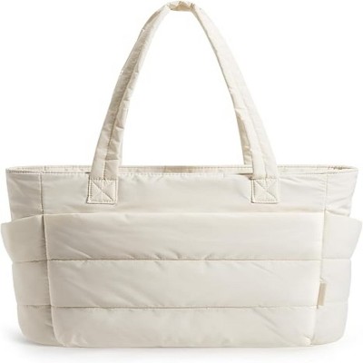 Attop Tote Bag for Women, Lightweight Puffy Tote Bag with Compartments Quilted Shoulder Bag Handbag for Travel White