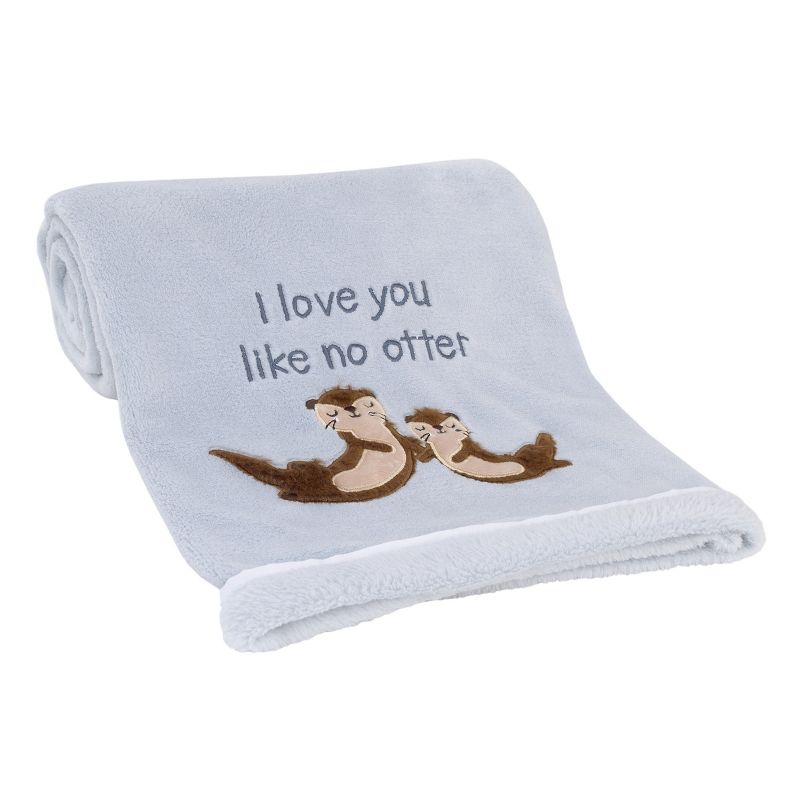 NoJo Arctic Adventure Light Blue and Tan I Love You Like No Otter Super Soft Applique Baby Blanket, 1 of 5