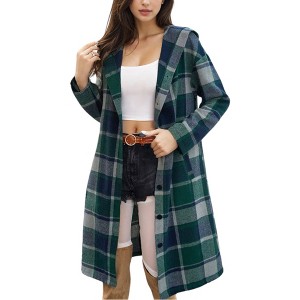 Amaryllis Women's Button-Up Plaid Coat Long Sleeve Hooded Trench Casual Layering Piece Versatile Fall Outerwear - 1 of 4