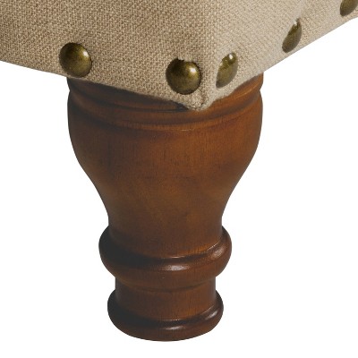Tan Upholstered Storage Bench with Nailhead Trim and Wood Legs
