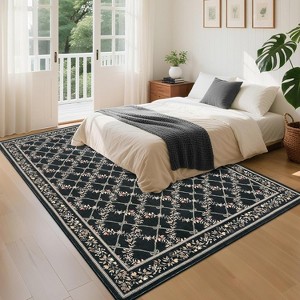 GustoWave Various sizes Floral Neutral Washable Hallway Low Pile Area Rug for Bedroom, Living Room, Black - 1 of 4