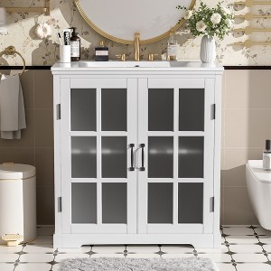 KWPZQEB 30" Bathroom Vanity with Ceramic Sink, Elegance Vanity Cabinet with Tempered Blurred Glass & Adjustable Shelf, Floor Storage Cupboard - 1 of 4