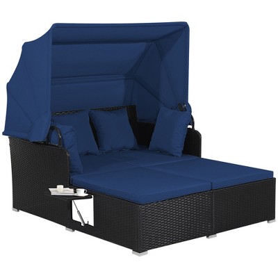 Tangkula Patio Hand-Woven PE Wicker Daybed Outdoor Loveseat Sofa Set w/ Navy Cushions