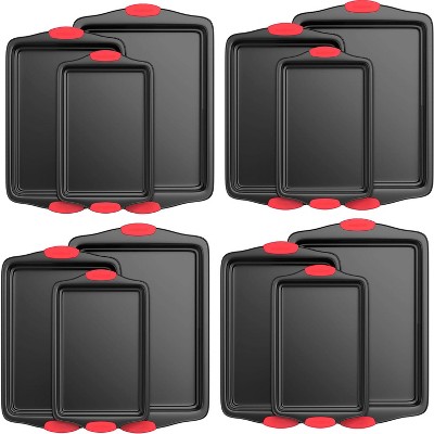 Nutrichef 1612 Cup Muffin Non-Stick Baking Pan, Deluxe Gray Carbon Steel Pan Red Silicone Handles