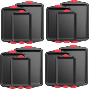 NutriChef Kitchen Oven Non Stick Gray Coating Carbon Steel 3 Piece Cookie Sheets Bakeware Set with Heat Resistant Red Silicone Handles (4 Pack) - 1 of 4