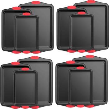 NutriChef Kitchen Oven Non Stick Gray Coating Carbon Steel 3 Piece Cookie Sheets Bakeware Set with Heat Resistant Red Silicone Handles (4 Pack)
