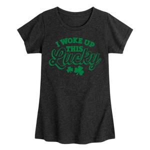 Girls' - Instant Message - St. Patrick's Day I Woke Up This Lucky Fitted Short Sleeve Graphic T-Shirt - 1 of 4