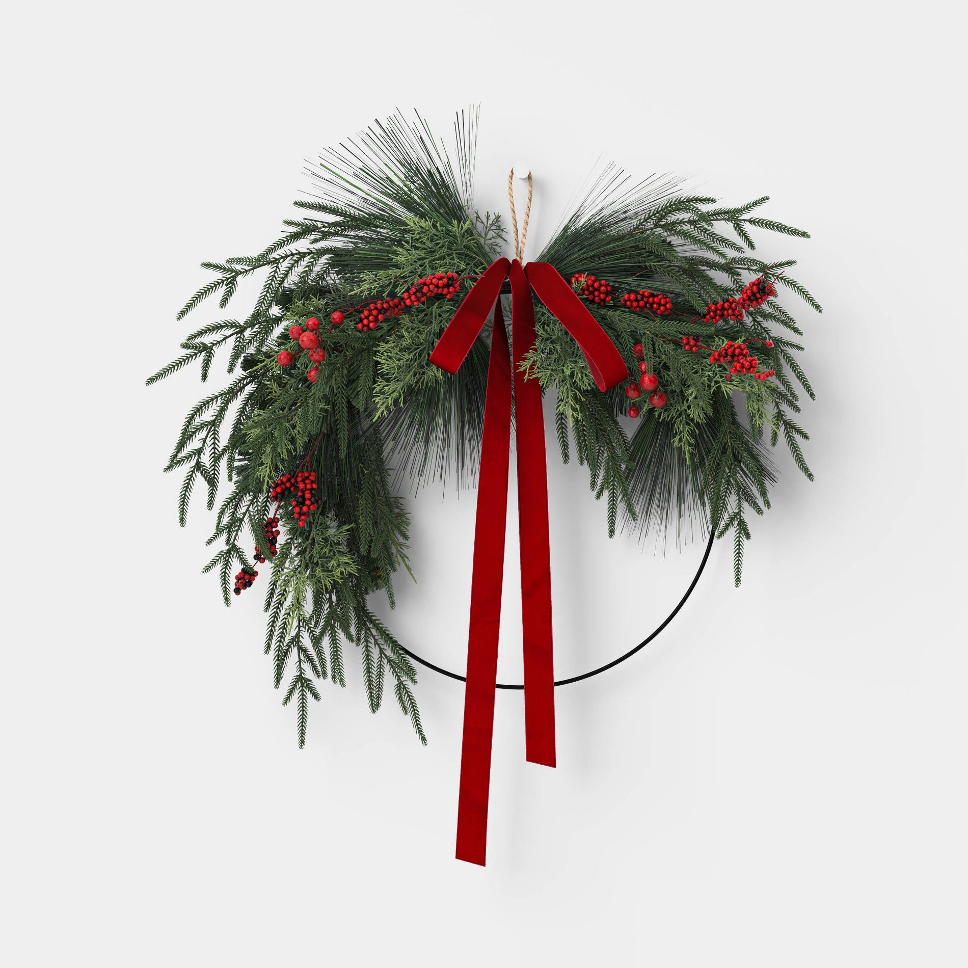 22" Unlit Asymmetrical Norfolk Cedar Mix Christmas Wreath with Velvet Ribbon - Wondershop™