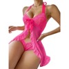 Clotth Women's Ruffle Sheer Mesh Lingerie - Dress with Thong 2 Piece, Halter Open Front Mesh Lace Babydoll Lingerie, Pink - 4 of 4