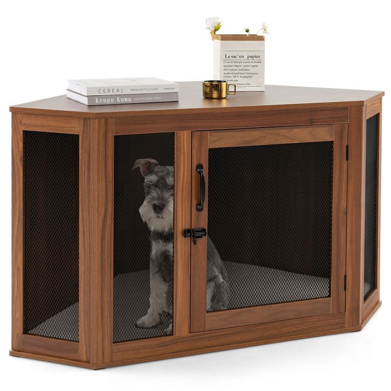 Tangkula Wooden Corner Dog Crate Furniture Pet Kennel End Table Cage w/ Door & Mesh, 1 of 11