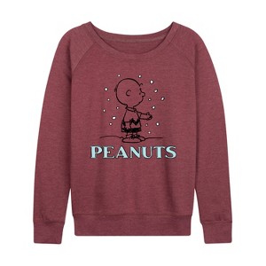 Women's - Peanuts - Charlie Snow Lightweight French Terry Wide Neck Long Sleeve Shirt - 1 of 4