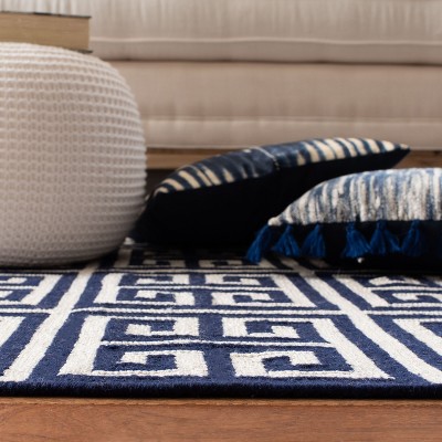 Navy and Ivory Geometric Wool Flat Woven Rectangular Rug 10' x 14'