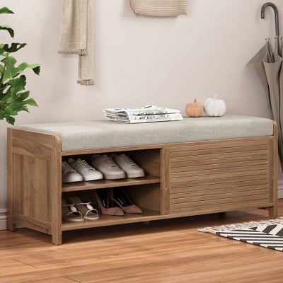 Whisen Shoe Bench with Storage and Cushion, Distressed Shutter Storage Bench