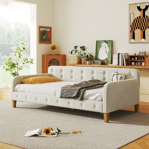 CAVINAS Twin/Full Size Pine Wood Daybed Bed Frame with Upholstered Headboard & Armrest,No Box Spring Needed - 1 of 4