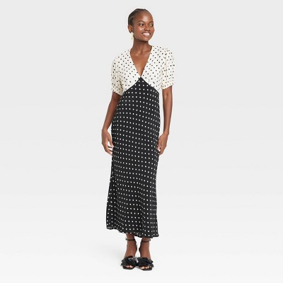 Women's Crepe Puff Short Sleeve Midi Dress - A New Day™ Black/White Polka Dots L