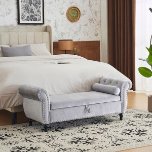 CAVINAS Modern Oval Storage Ottoman Bench, Velvet Multifunctional Storage Rectangular Ottoman Bench with 1 Pillow - 1 of 4