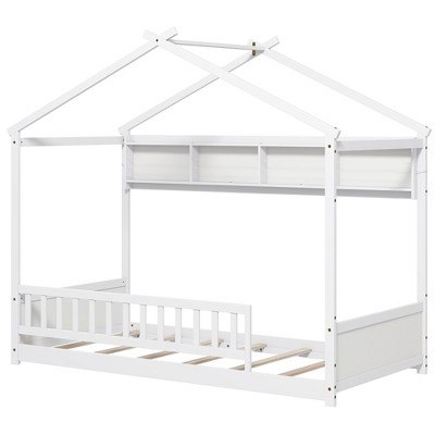 Tangkula Twin Size House Bed w/Storage Shelf Headboard & Guardrail Wooden Slat Support
