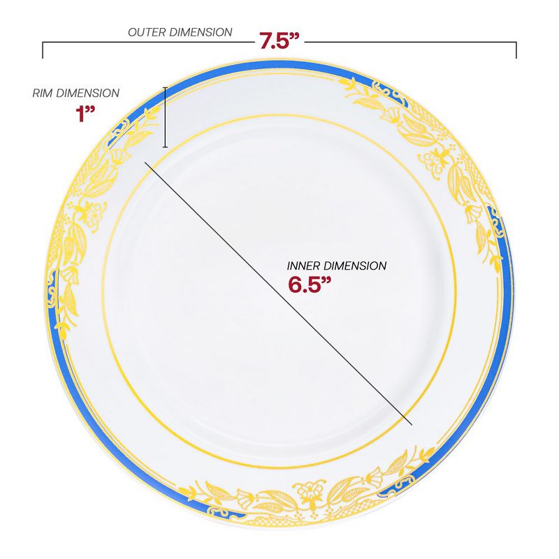 Smarty Had A Party 7.5" White with Blue and Gold Harmony Rim Plastic Appetizer/Salad Plates (120 Plates), 2 of 7