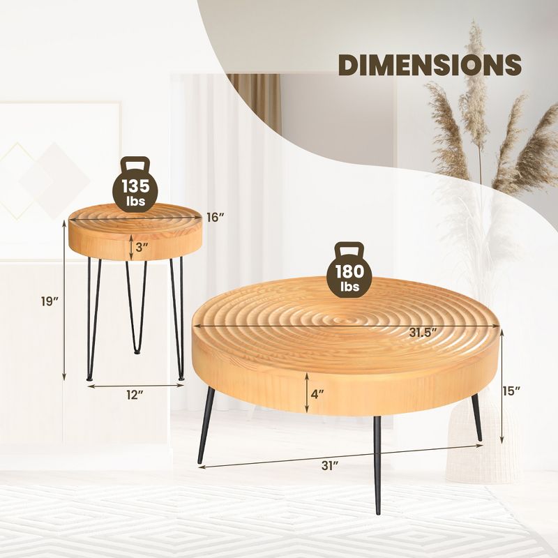 Costway Round Coffee Table Set of 2 End Table Natural Finish for Living Room, 3 of 10