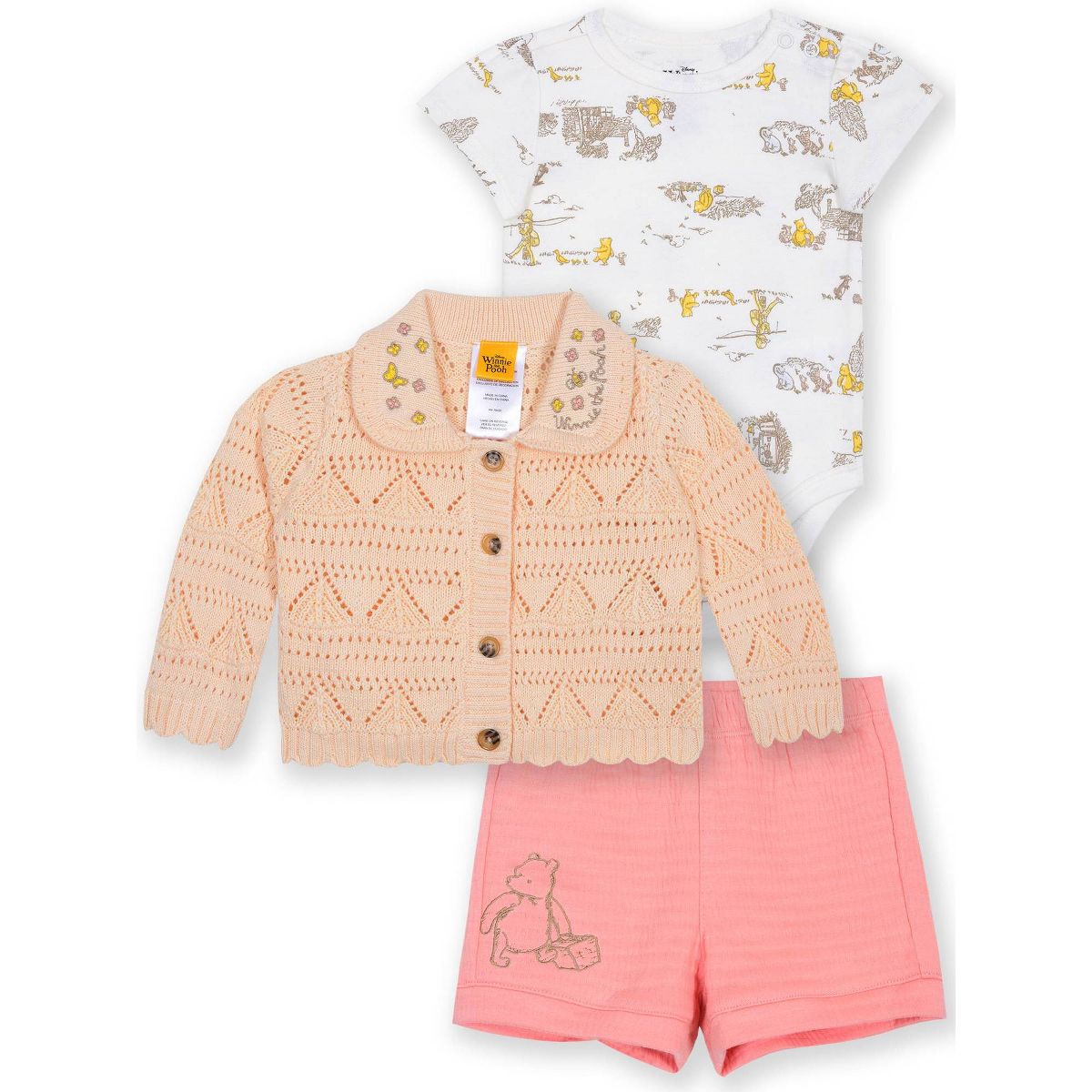 Baby Girls' 3pc Disney Winnie the Pooh Collection Bodysuit, Cardigan and Shorts Set - Yellow