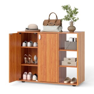 Costway 3-Tier Wooden Shoe Storage Organizer with Doors & 3-Level Adjustable Open Shelves Natural/White/Light walnut/Black/Yellow - 1 of 4