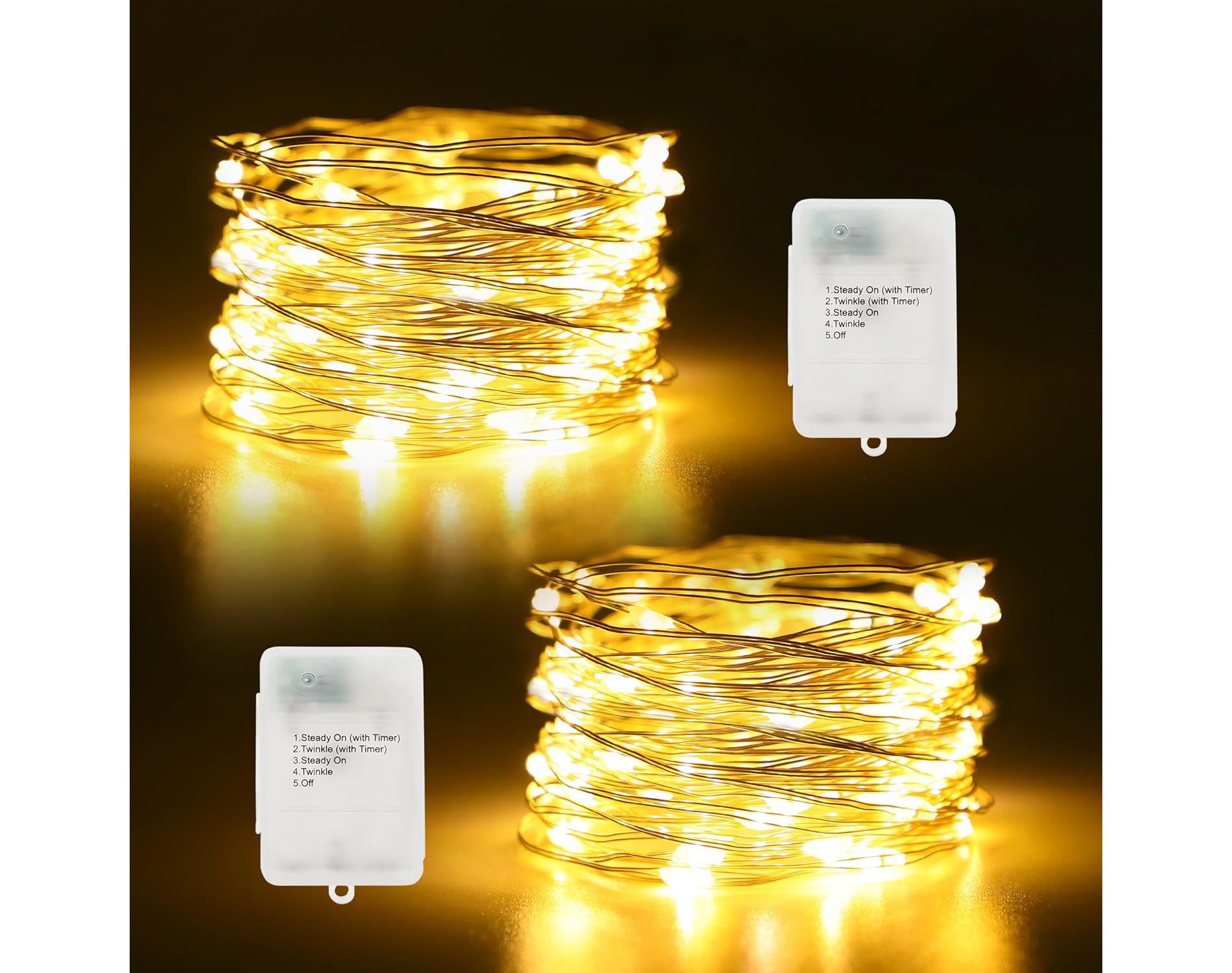 FAAYFIAN 2-Pack 16.4 ft 50-LED Battery-Operated Timer Fairy Lights, Silver Wire Waterproof String Lights With 5 Modes for Indoor Decor