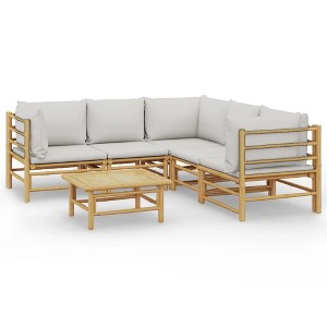 vidaXL Patio Furniture Set - 6 Piece Bamboo Lounge Set with Light Gray Cushions for Garden, Deck, Patio, Modular Design, Table Included - 1 of 4