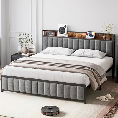 Whizmax King/Queen/Full Size Bed Frame with Shelf Headboard and Charging Station, Industrial Upholstered Platform Bed, No Box Spring Needed