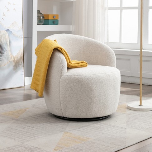 Teddy 360 Swivel Accent Armchair Barrel Chair With Black Powder Coating Metal Base Ivory White ModernLuxe