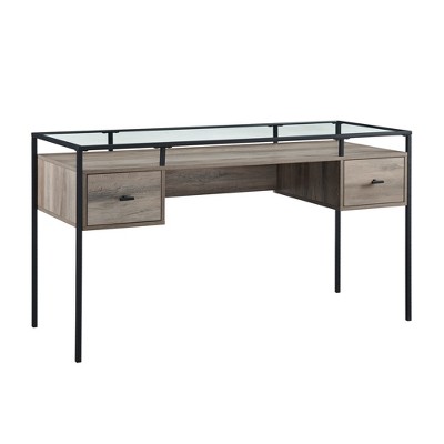 Engineered Wood, Glass, and Metal Modern Desk with 2 Drawers with Telescoping Metal Glides and Lifted Tempered Glass Top and Powder