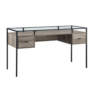 Engineered Wood, Glass, and Metal Modern Desk with 2 Drawers with Telescoping Metal Glides and Lifted Tempered Glass Top and Powder - 1 of 4
