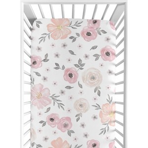 Sweet Jojo Designs Girl Cotton Fitted Crib Sheet Watercolor Floral Pink and Grey - 1 of 4