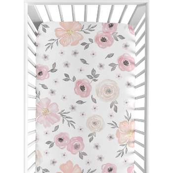 Sweet Jojo Designs Girl Cotton Fitted Crib Sheet Watercolor Floral Pink and Grey