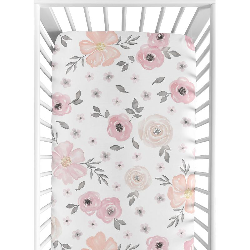 Sweet Jojo Designs Girl Fitted Crib Sheets Set Watercolor Floral Pink and Grey 2pc, 3 of 8