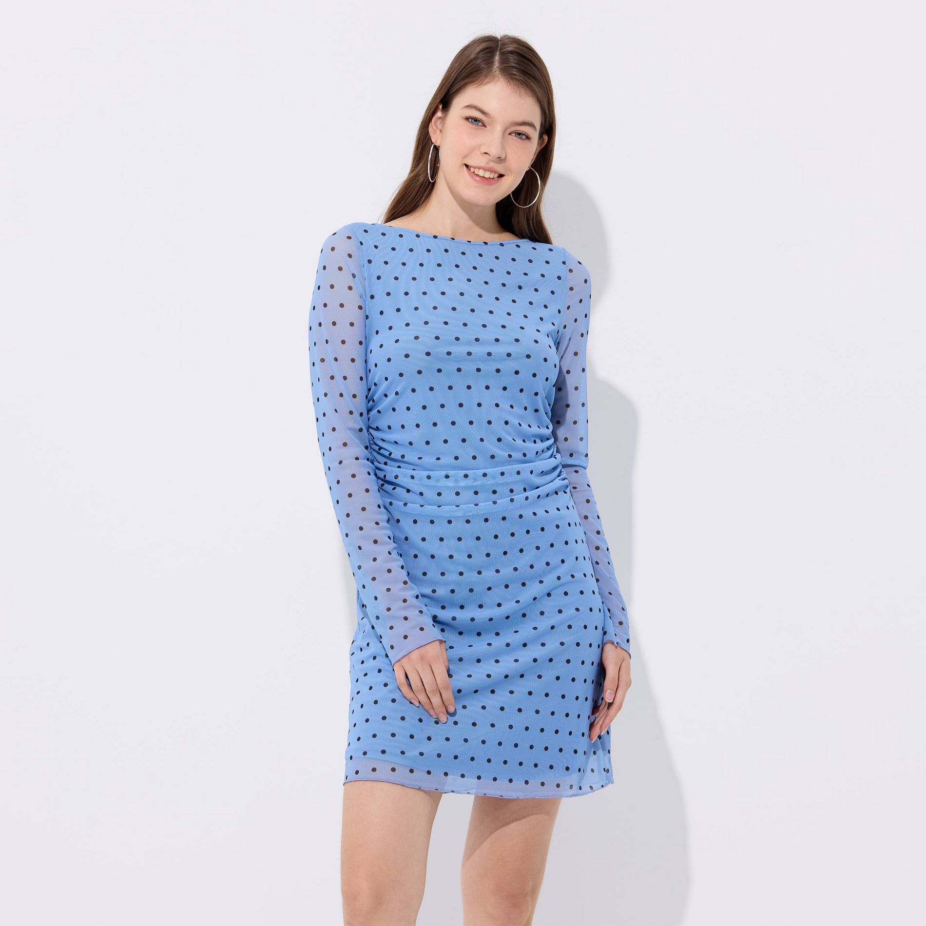 Women's Long Sleeve Lined Mini Dress - Wild Fable™ Blue Polka Dots
