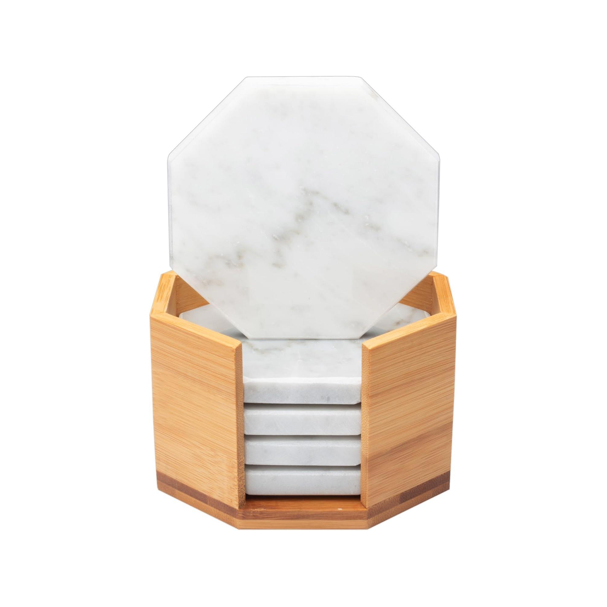 D'Eco White Carrara Marble Coasters w/ Bamboo Holder - Set of 5 - Tabletop Protection- Fits Any Size Wine Glass, Cup, Mug - Great Mother's Day Gift